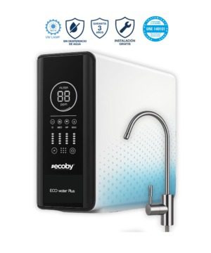 Sistema de microfiltración ECO-WATER PLUS con display digital, grifo incluido y diseño compacto en blanco y negro