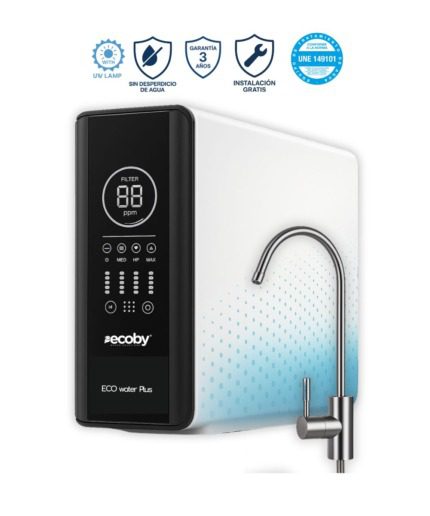 Sistema de microfiltración ECO-WATER PLUS con display digital, grifo incluido y diseño compacto en blanco y negro