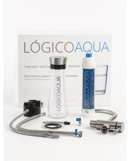 Kit de filtración de agua LOGICOAQUA 3 vías con botella, cartucho, grifo y accesorios - sistema doméstico de microfiltración para agua potable