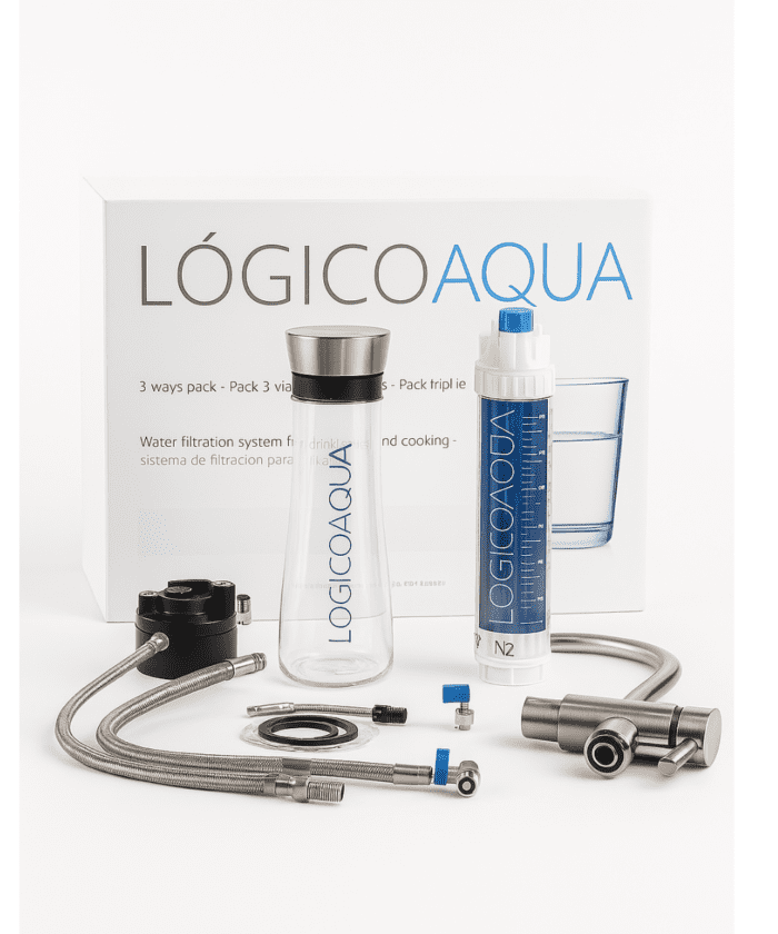 Kit de filtración de agua LOGICOAQUA 3 vías con botella, cartucho, grifo y accesorios - sistema doméstico de microfiltración para agua potable