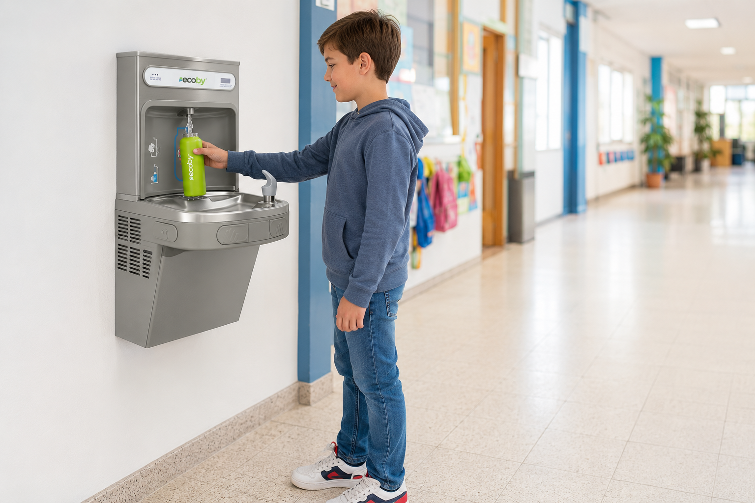 Niño rellenando botella verde ECOBY en fuente POSEIDON en colegio Canarias