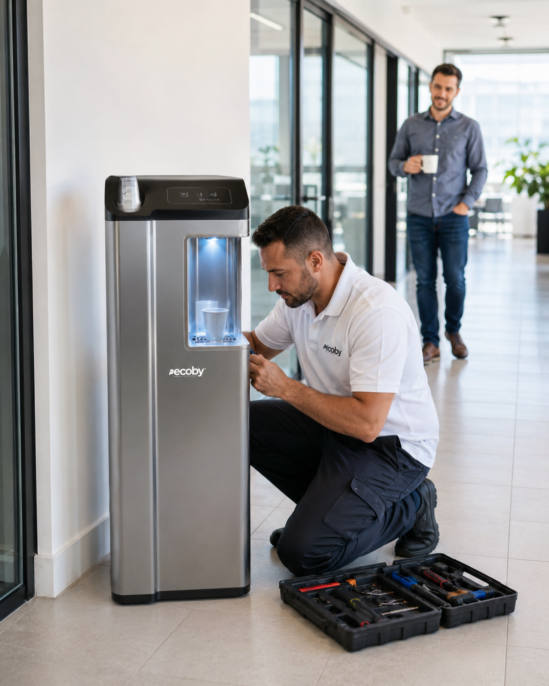 Técnico ECOBY instalando un sistema de agua en una oficina