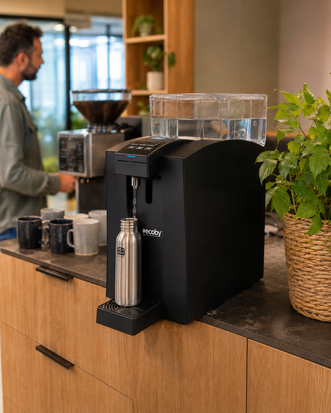 Dispensador VITALSTREAM 4AG ECOBY en zona de café de oficina en Canarias
