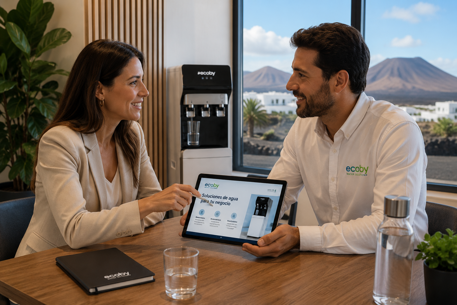 Comercial ECOBY presentando una solución profesional de agua a un cliente