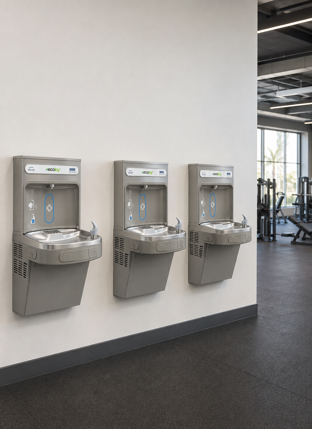 Tres fuentes de agua ECOBY Poseidon de acero inoxidable instaladas en fila sobre la pared de un gimnasio de gran capacidad en Canarias