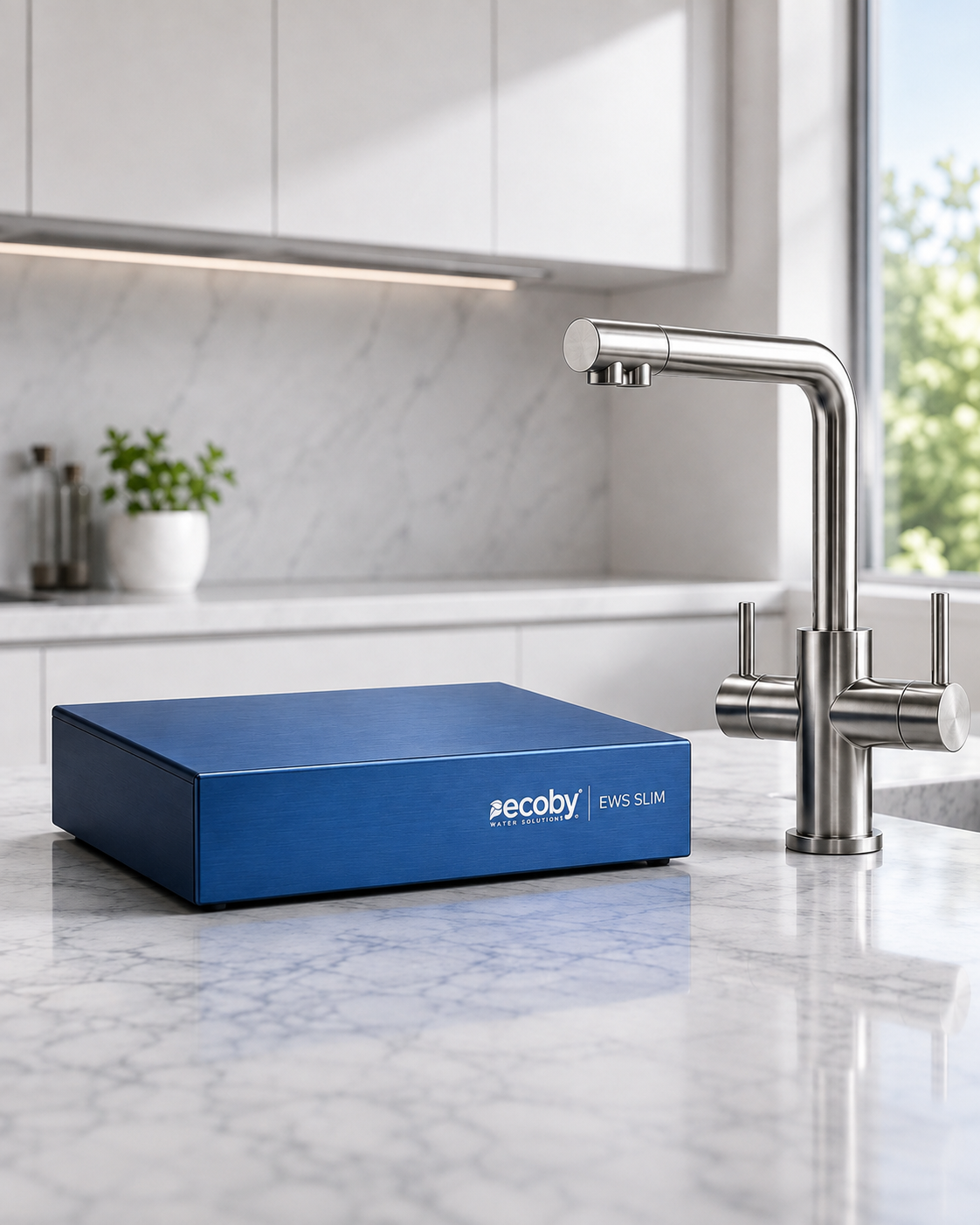 Sistema ECOBY EWS Slim bajo zócalo con carcasa de aluminio azul y grifo de tres vías